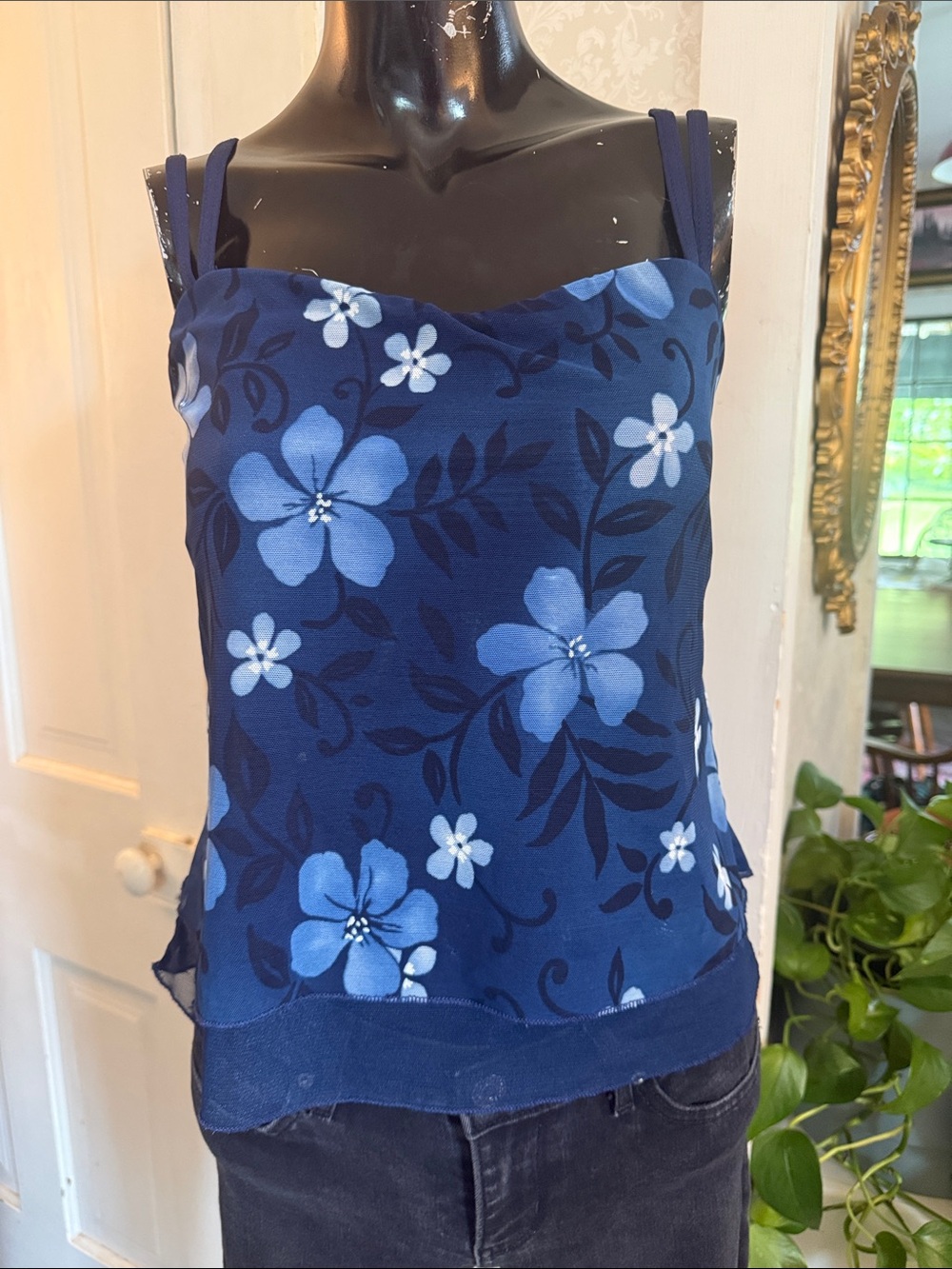 Mainstream Y2K Double Layer Blue Floral Camisole Swim Top with Double Straps